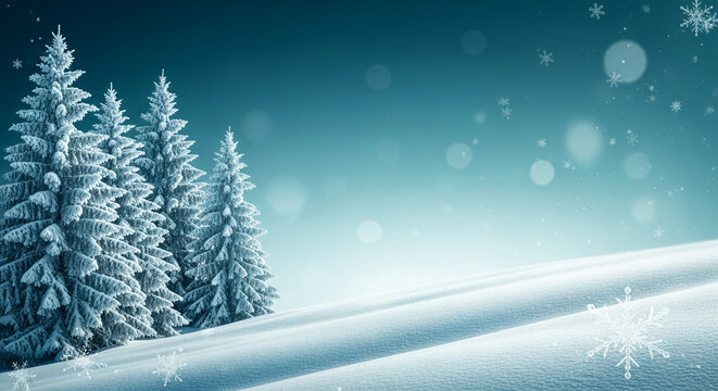 Group of snowy fir tree against teal sky. Snowflakes are scattered across, creating wintery scene and represents tranquility, holiday, cold season