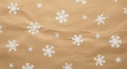 Vintage Brown Kraft Paper Background with White Snowflake Print. texture of rustic brown kraft wrapping paper. Simple, hand-stamped style white snowflake patterns are printed randomly across the paper