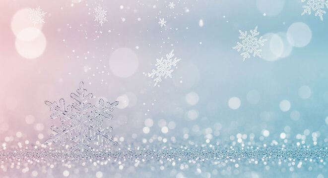 Image of a crystal snowflake with glitter on a bokeh effect backdrop. Represents winter, celebration, and cold, suitable for holiday season content. - Powered by Adobe