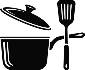 A cooking pot and spatula represent the concept of food preparation and culinary arts.