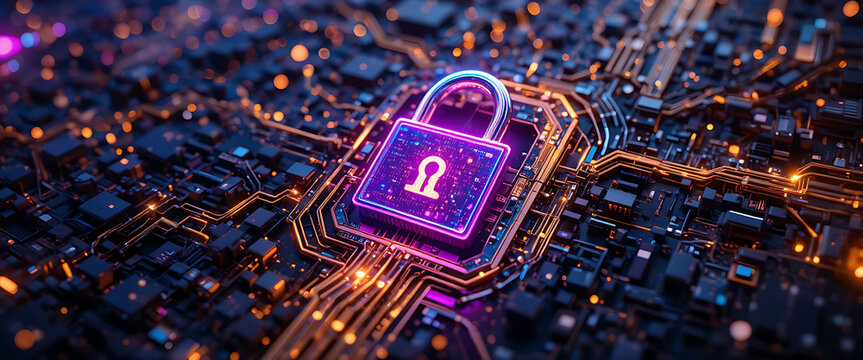 Abstract cyber-security gold metallic glowing circuit background with glowing purple and golden neon 4d standing lock icon with neon glowing blue, purple, and gold light ring under the lock, shimmerin