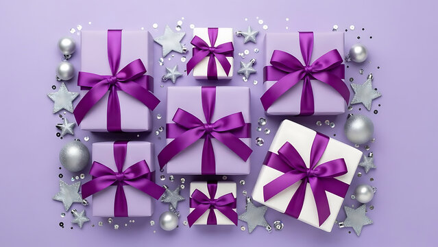 Beautifully wrapped gift boxes with satin ribbons and sparkling decorations on a vibrant purple background
