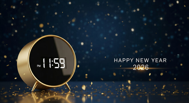Digital clock shows 11:59 PM, gold confetti, and text "Happy New Year 2026". Concept is New Year Eve countdown, anticipation, and celebration