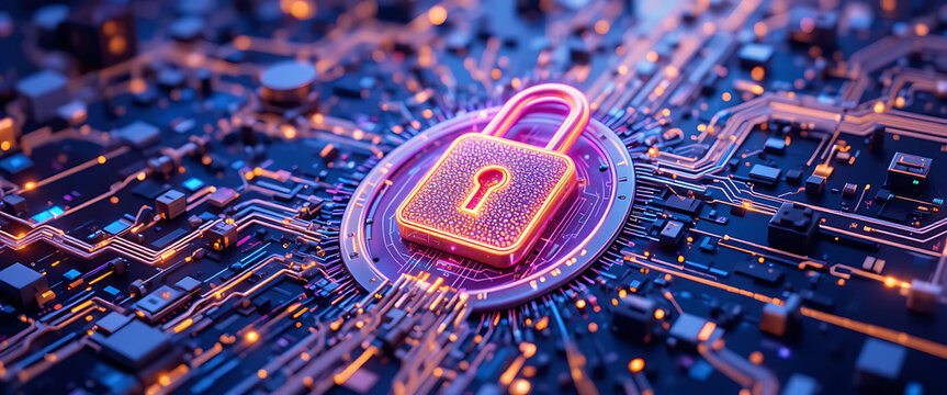 Abstract cyber-security metallic circuit background with glowing purple and golden neon 4d lock icon, shimmering data waves, metallic 3D fragments, quantum binary streams, futuristic holographic golde