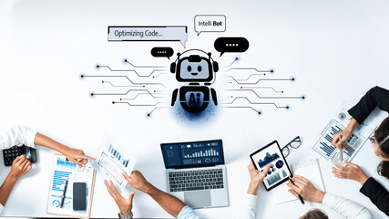 A dynamic office scene featuring an AI bot optimizing code while team members analyze data and collaborate. Emphasizing technology and productivity in modern workspaces. Trope