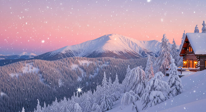 Scenic view of a log cabin nestled in snowy pine trees against a mountain backdrop under a pink sky during snowfall, representing winter peace - Powered by Adobe