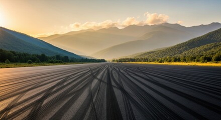 Empty asphalt road with tire tracks leading towards mountains at sunrise