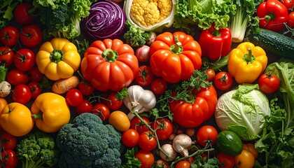 Colorful array of fresh vegetables tomatoes, peppers, cabbage, broccoli, cauliflower, lettuce, and other greens