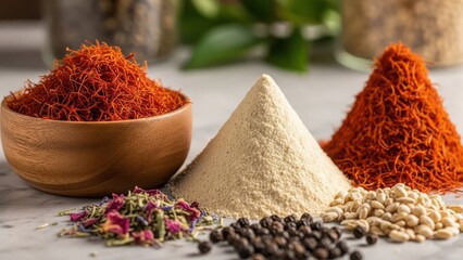 A vibrant and aromatic assortment of colorful spices and dried herbs artfully arranged in small piles and a wooden bowl on a textured surface