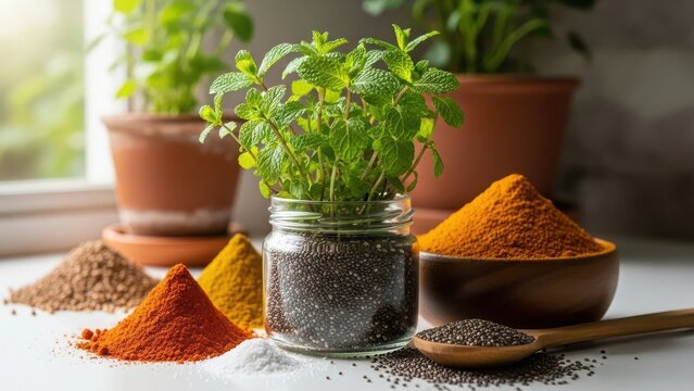 A vibrant still life composition featuring fresh green herbs in a glass jar surrounded by colorful piles of aromatic spices and seeds on a windowsill