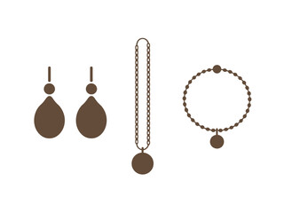 A set of earrings, a necklace, and a bracelet are displayed on a white background.