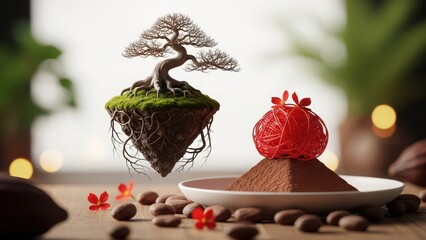 A surreal and mystical scene featuring a floating island with a miniature bonsai tree and a vibrant red crown like sculpture atop a mound of cocoa powder