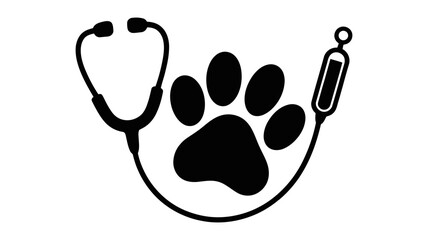 Veterinary icon depicting a stethoscope, paw print, and syringe, symbolizing animal health, pet care, and professional veterinary services.