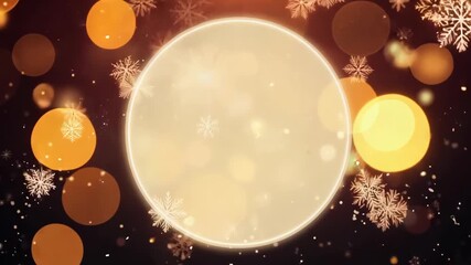 Radiant holiday-themed design featuring a glowing circle at the center surrounded by soft bokeh lights and delicate snowflakes on a warm, dark background. ideal for festive card designs, seasonal prom