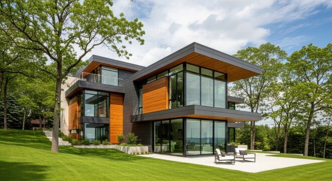 Modern luxury house with wood and stone exterior and large glass windows - Powered by Adobe