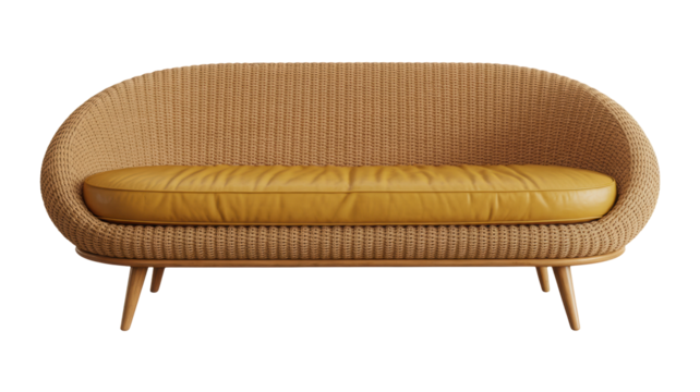 Stylish wicker sofa with mustard cushion, perfect for modern living room decor