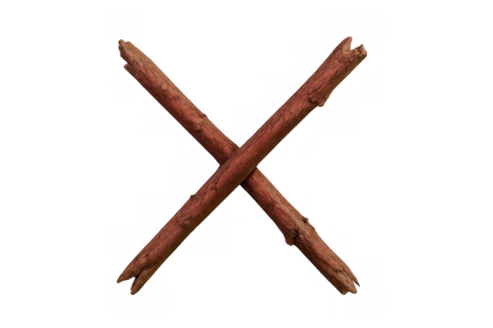 Wooden stick cross symbol forming an x mark, representing cancellation, wrong, denial, or negative decision on transparent background