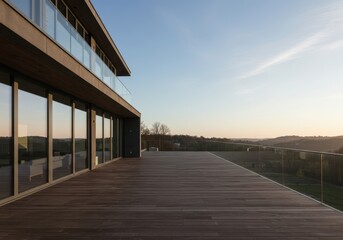 Obraz premium Luxurious contemporary residential building featuring large glass facades and an expansive wooden terrace overlooking a pristine landscape ,nature ,wood ,minimalist