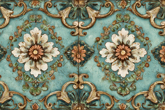 A collection of ornate square ceramic tiles featuring intricate floral and geometric patterns in vibrant blues greens and oranges arranged in a grid layout,