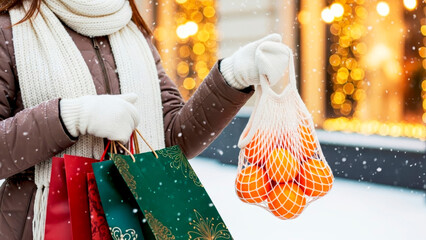 A young woman holds paper bags with gifts and a string bag with fresh oranges against a backdrop of festive store windows. Preparing for Christmas and New Year.