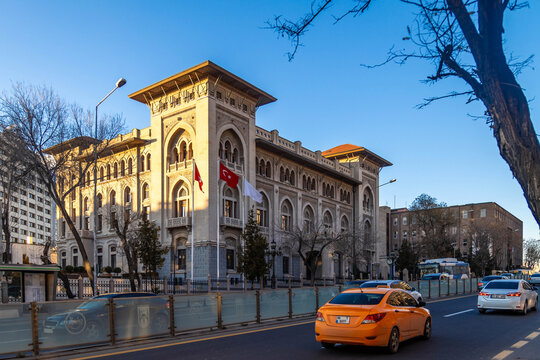 Ankara, Turkey - January 5 2024: Ziraat Bank Museum, an early Republican period building exemplifying First National Architectural Movement with Ottoman revival style, stands against a blue sky.


