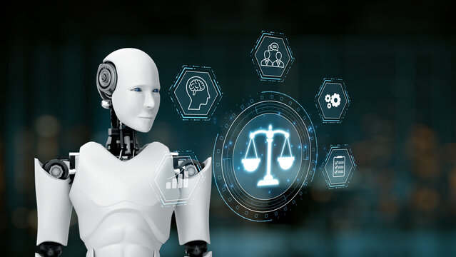 A humanoid robot stands with a futuristic design, showcasing digital icons related to law and ethics. This image symbolizes the intersection of technology and justice. Synapse