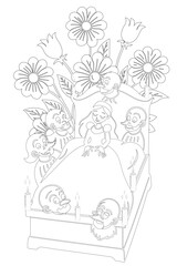 Snow White Sleeping Surrounded By Grieving Dwarfs Coloring Page