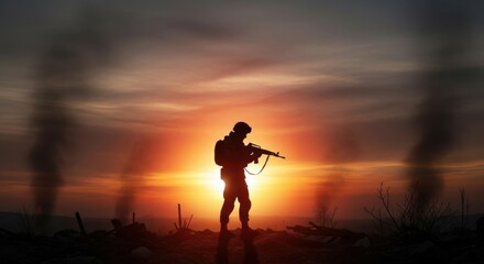 Silhouette of a soldier with a rifle against a dramatic sunset sky with smoke plumes visible around