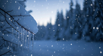 Close-up of icicle on branch covered with snow in winter, showcasing a cold weather phenomenon, representing winter, frost, and nature's seasonal change