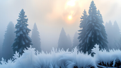 Eine traumhafte, abstrakte Darstellung eines Winterwaldes, der sich aus dem Nebel erhebt. Sanfte Schichten aus zartem Blau, Perlwei&szlig; und Silber verschmelzen . KI Generated