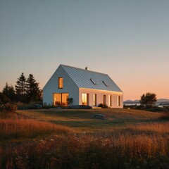 Obraz premium Modern House at Sunset: A minimalist, contemporary house stands gracefully on a gentle hilltop, with warm lights radiating invitingly during the golden sunset. capturing serenity and luxury.