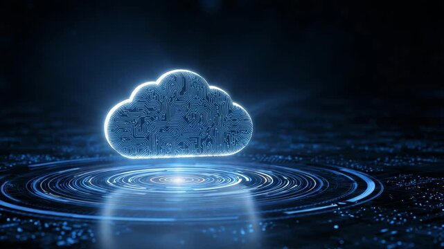 Glowing digital cloud computing icon with circuit board pattern over dark background