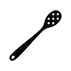 Black slotted spoon with holes on white background