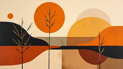 Minimalistisches abstraktes Gem&auml;lde, das den Herbst darstellt, geometrische Formen. KI Generated