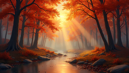 Ein herbstlicher Wald in der goldenen Stunde, Sonnenlicht, das durch purpurrote und bernsteinfarbene Bl&auml;tter f&auml;llt, ein kleiner Bach, der das feuerrote Bl&auml;tterdach spiegelt. KI Generated