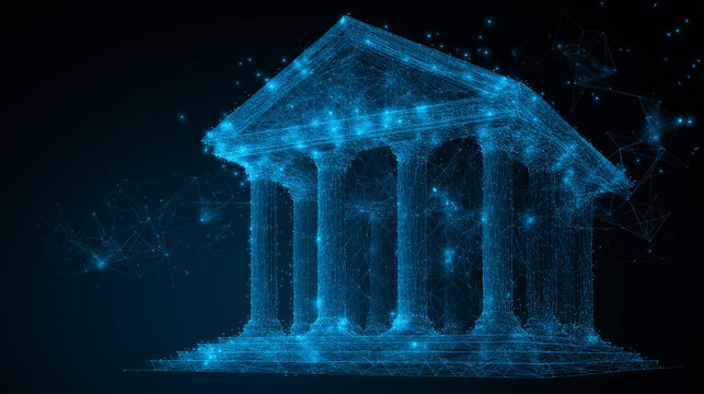 bank economy financial building columns digital technology low poly wireframe visual