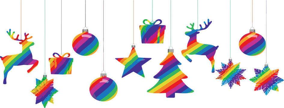 Vibrant rainbow-colored Christmas ornaments hanging in a festive display, perfect for holiday season celebrations and diverse winter themes - Powered by Adobe