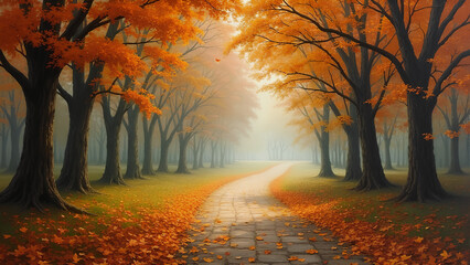 Einsamer Pfad durch einen Herbstpark, im Wind wirbelnde Bl&auml;tter, sanftes Licht, malerische Melancholie, die an romantische Landschaftsmalerei des 19. Jahrhunderts erinnert. Ki generated