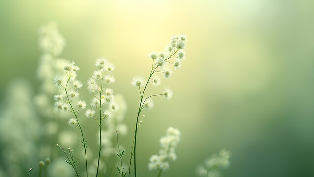 Sanft beleuchtete, abstrakte Komposition zarter, sich langsam wiegender Pflanzen, in der Luft schwebende Tautropfen, blassgr&uuml;ne und elfenbeinfarbene T&ouml;ne. KI Generated