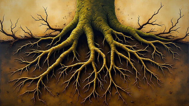 Abstrakte Nahaufnahme von Wurzeln und Erdschichten, die sich wie organische Netzwerke verflechten, subtile Lichtreflexionen. KI Generated