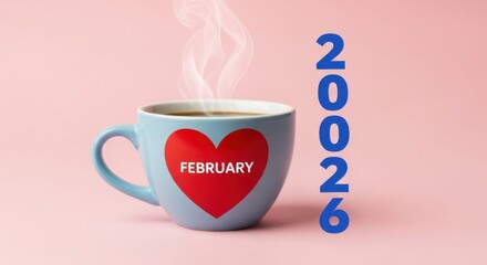 Light blue mug with a red heart graphic featuring 'February' and rising steam on a soft pink background. Vertical blue numbers '20026' highlight a date or occasion.