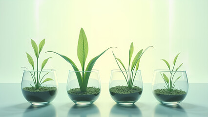 Minimalistische, surreale Szene mit transparenten Pflanzen, die aus Glaserde wachsen, Sonnenlicht, das sich durch die St&auml;ngel bricht. KI Generated 