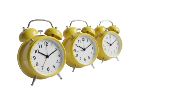 Three identical bright yellow retro twin-bell alarm clocks on a clean matte white minimalist surface with subtle shadows and copy space, emphasizing progression, urgency, and strategic planning
