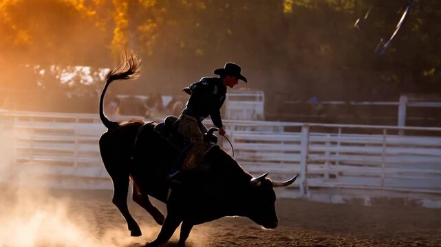 Silhouetted bull and rider in mid-air during rodeo	
