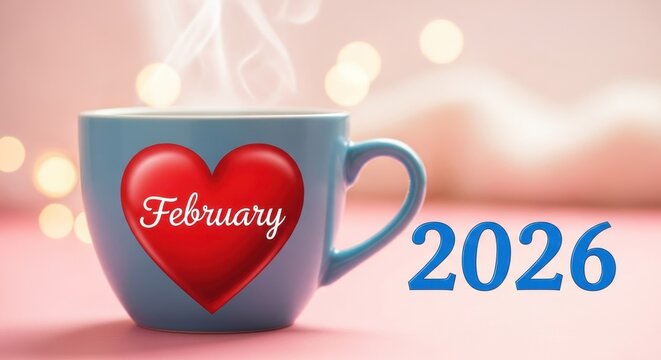 A blue mug with a red heart and 'February' on it, steaming, beside '2026' with blurred bokeh lights creating a soft pink background. Ideal for seasonal and calendar concepts. - Powered by Adobe