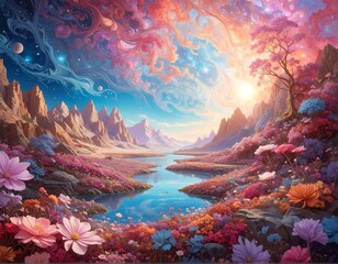 Dreamy landscape with mountains, river, colorful flowers, and a vibrant sky filled with swirls of color and stars