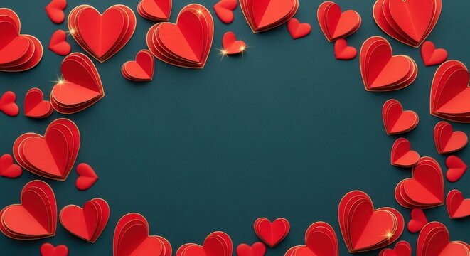 Vibrant red paper heart cutouts with golden edges create a charming frame on a deep teal background. Ideal for Valentine's Day, wedding, anniversary, romance themes. Copy space.