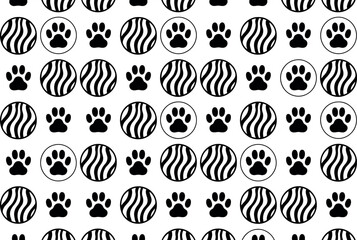 Seamless pattern with black paw prints and wave circles design