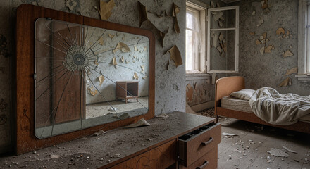Abandoned bedroom with broken mirror and disheveled bed in sunlight  