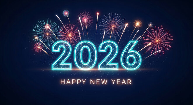 Image with number 2026 in electric blue, above the text "Happy New Year". Fireworks behind, symbolizing celebration and anticipation for the upcoming year.